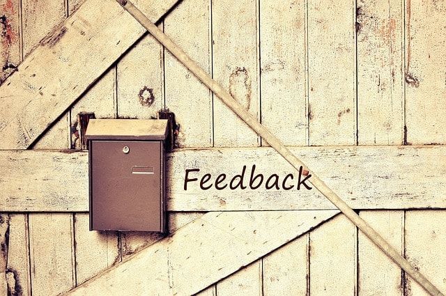 A mailbox on a wooden door with the word feedback written on it.
