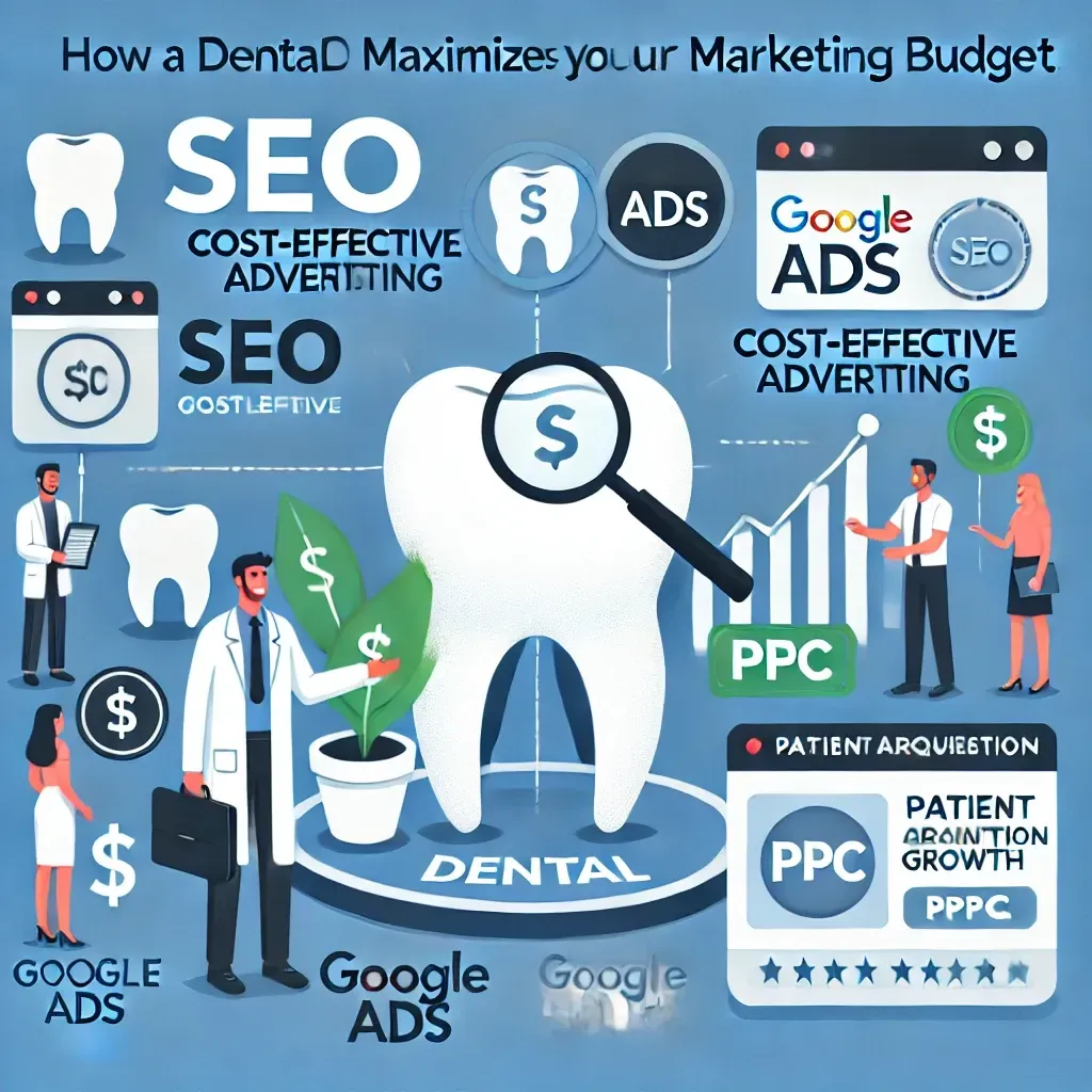An illustration showing how a dental SEO partner can maximize a marketing budget, featuring icons for SEO, cost-effective advertising, Google Ads, and PPC, along with visuals for search engine rankings and patient acquisition. The design emphasizes sustainable growth tailored for dental practices.