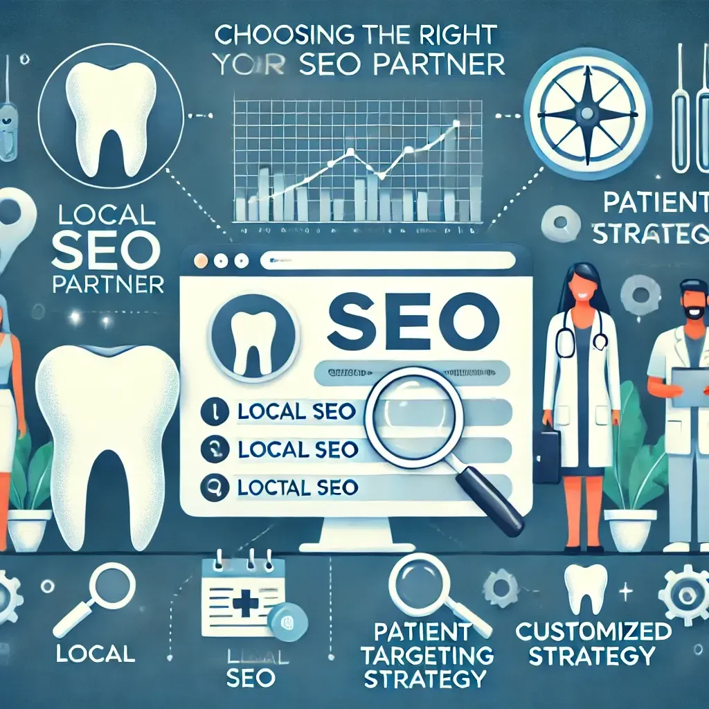 An illustration highlighting the importance of choosing the right SEO partner for dental practices, featuring a search results page with dental-related keywords, icons for local SEO, patient targeting, and a customized strategy. The design emphasizes trust and growth for dental practices, tailored for a healthcare audience.