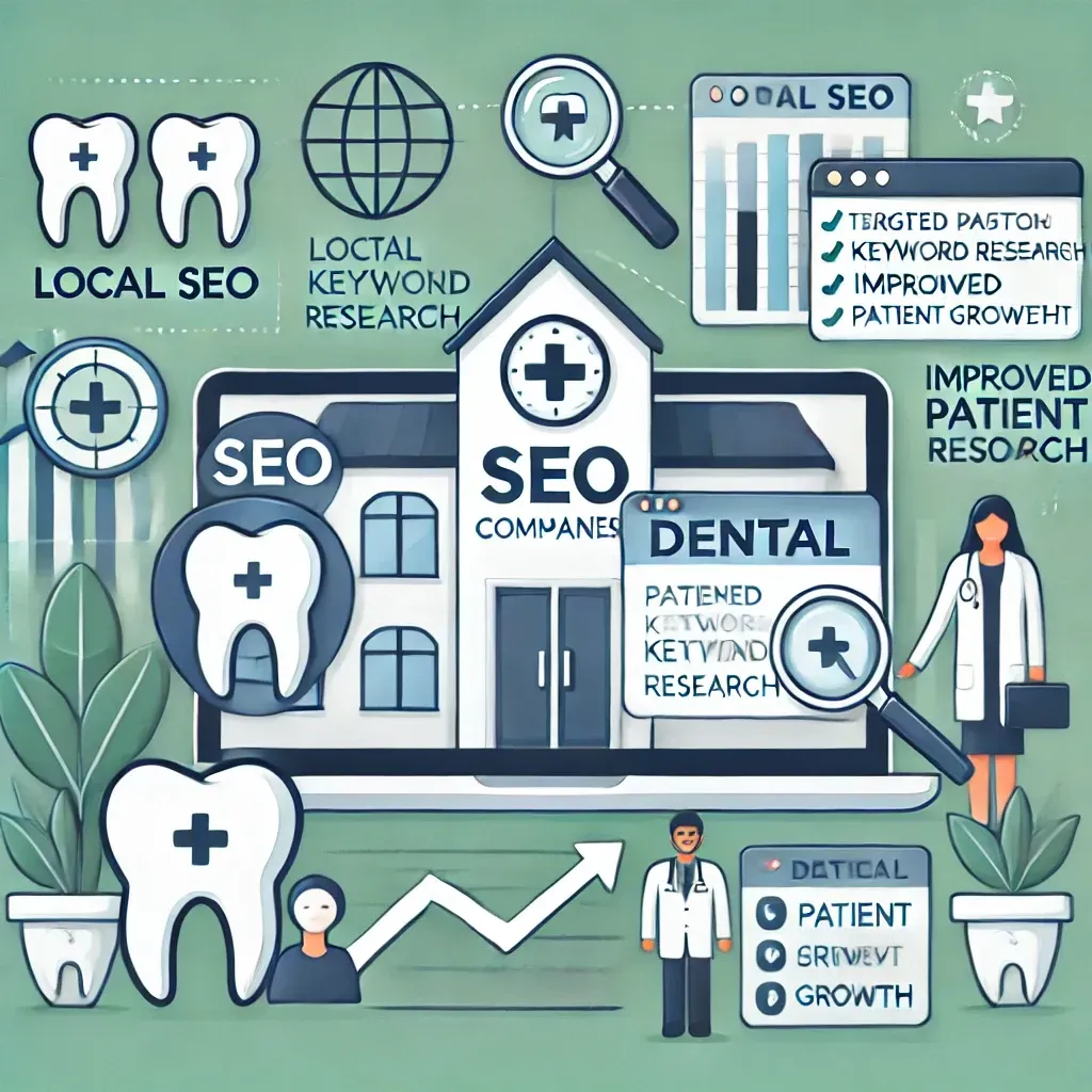 An illustration emphasizing the role of dental SEO companies in practice growth, featuring icons for local SEO, targeted keyword research, patient-focused content, and improved search engine rankings. Visuals show a dental practice in search results and symbols for steady patient growth, tailored for a healthcare audience.