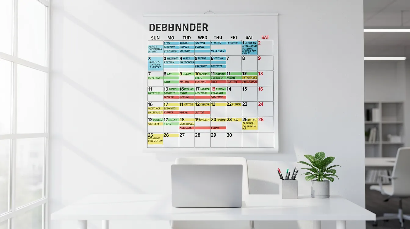 Colorful monthly calendar poster above a white desk with laptop and plant in a bright office