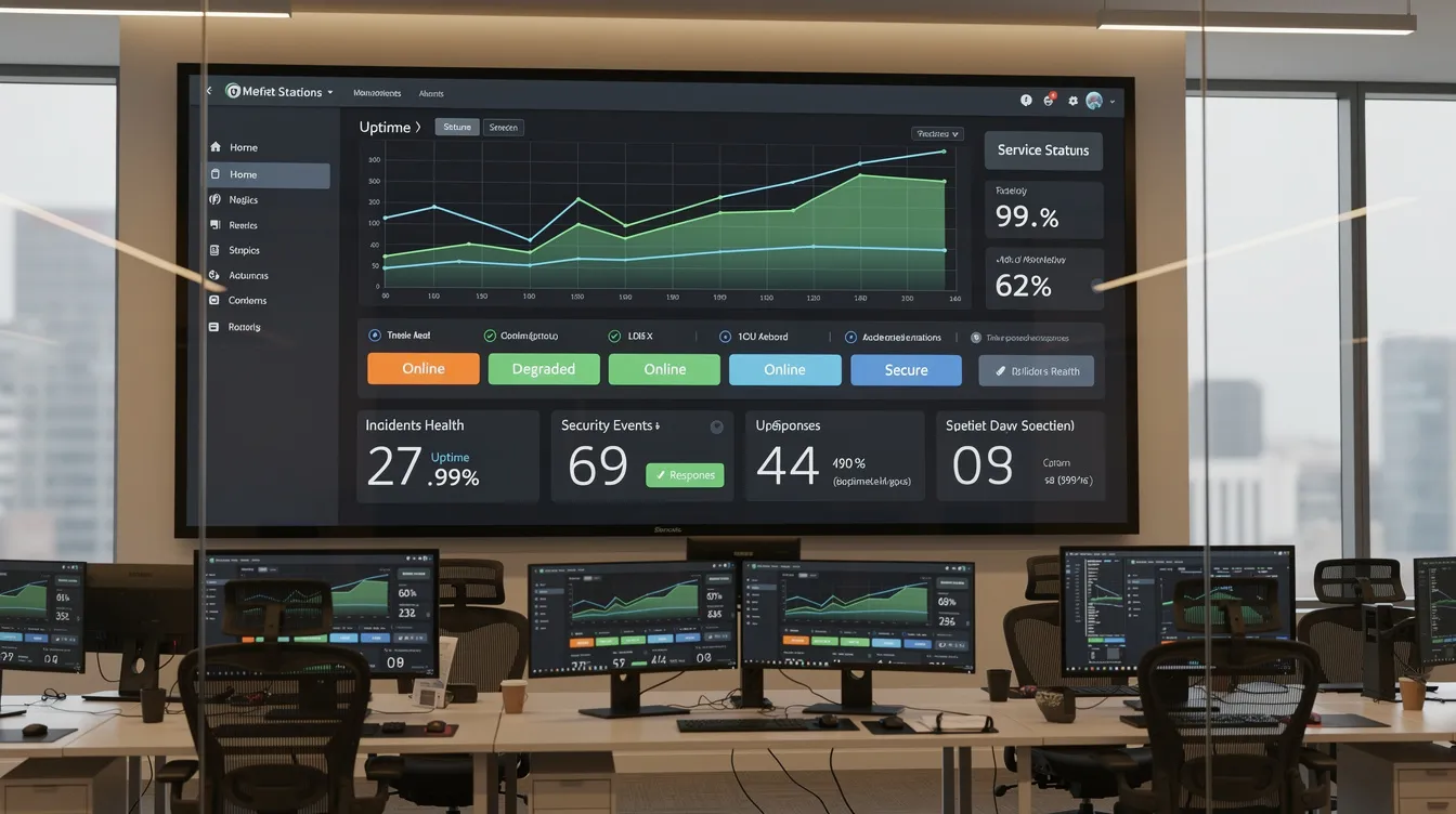 Modern control room with wall-sized dashboard of charts and metrics above rows of monitors and desks