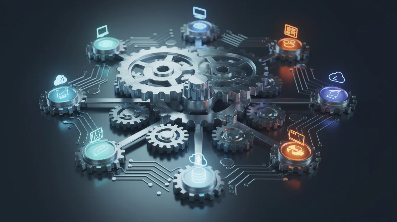 The image depicts a network of interconnected gears and nodes symbolizing various software tools collaborating within a marketing technology stack. This representation illustrates how customer relationship management, marketing automation platforms, and analytics tools work together to enhance marketing processes and improve customer engagement throughout the entire customer journey.