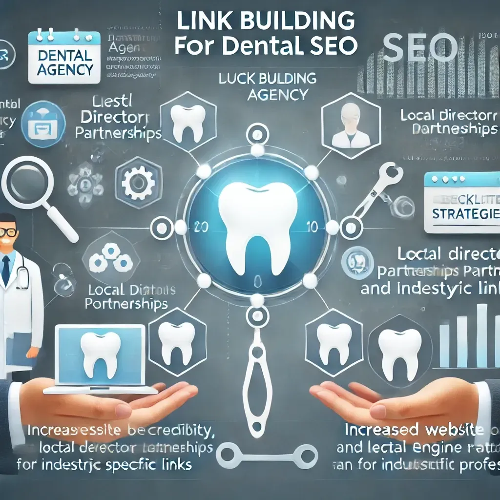 An illustration highlighting the role of a digital agency in link building for dental SEO, featuring icons for backlink strategies like guest posts, local directory partnerships, and industry-specific links. Visuals emphasize increased website credibility, improved search engine rankings, and boosted organic traffic, tailored for dental practices.