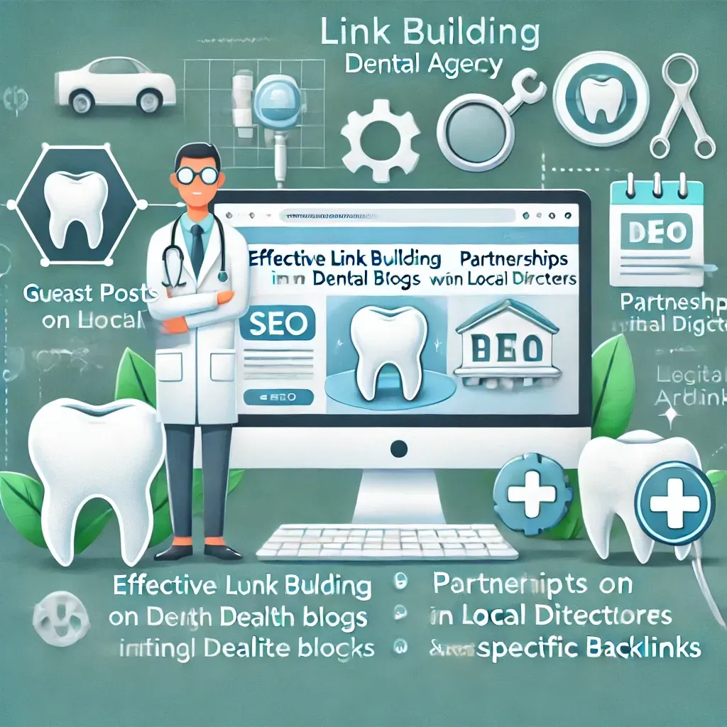 An illustration highlighting the role of a digital agency in link building for dental SEO, featuring icons for backlink strategies like guest posts, local directory partnerships, and industry-specific links. Visuals emphasize increased website credibility, improved search engine rankings, and boosted organic traffic, tailored for dental practices.
