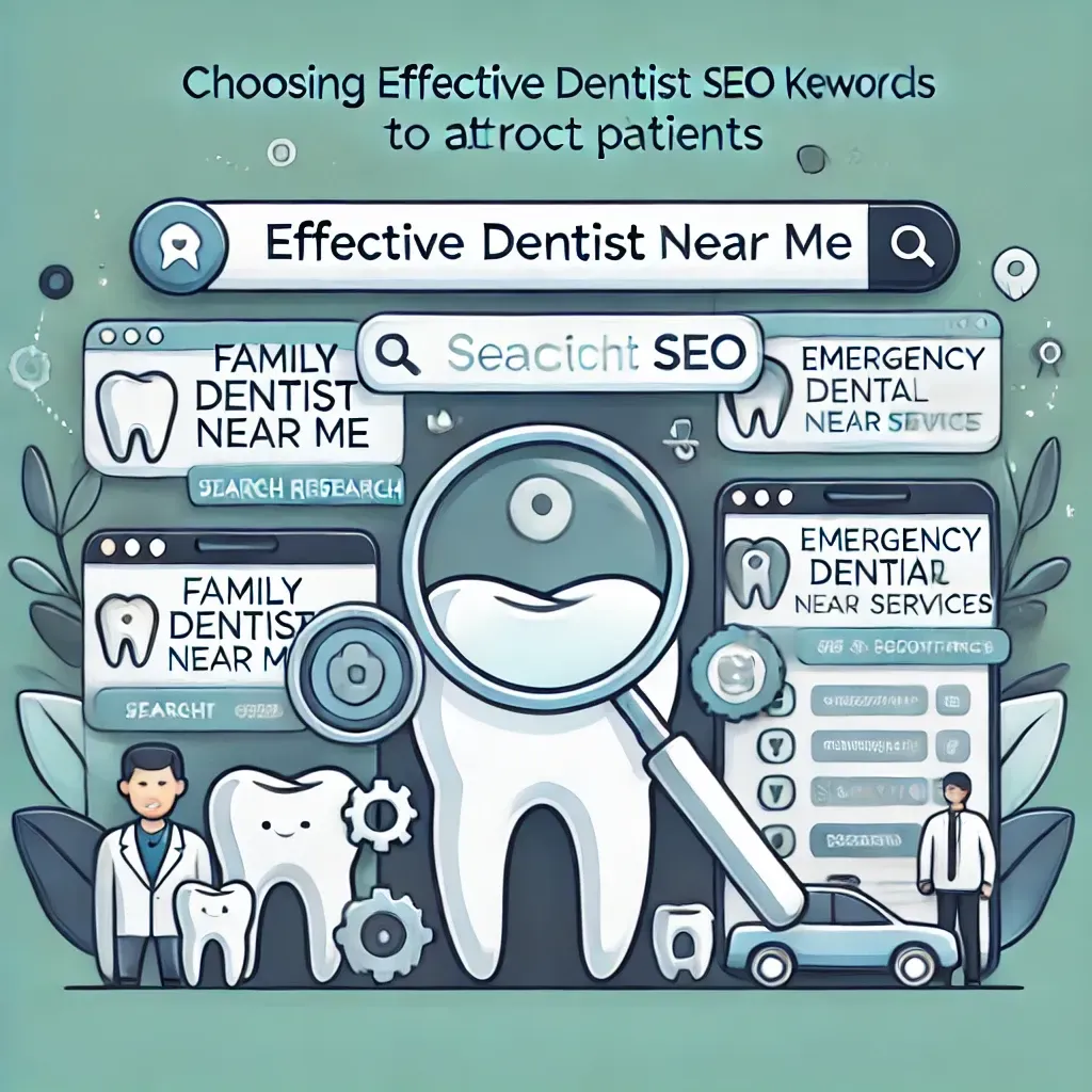 An illustration depicting the selection of effective dentist SEO keywords, featuring a search bar with terms like “family dentist near me” and “emergency dental services,” along with icons for keyword research, search rankings, and appointment bookings. Designed for a dental and healthcare audience.