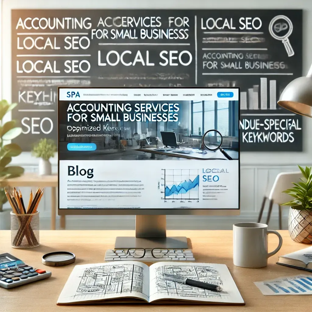 A professional workspace featuring a desktop monitor displaying an accounting firm's SEO-optimized website with a blog titled