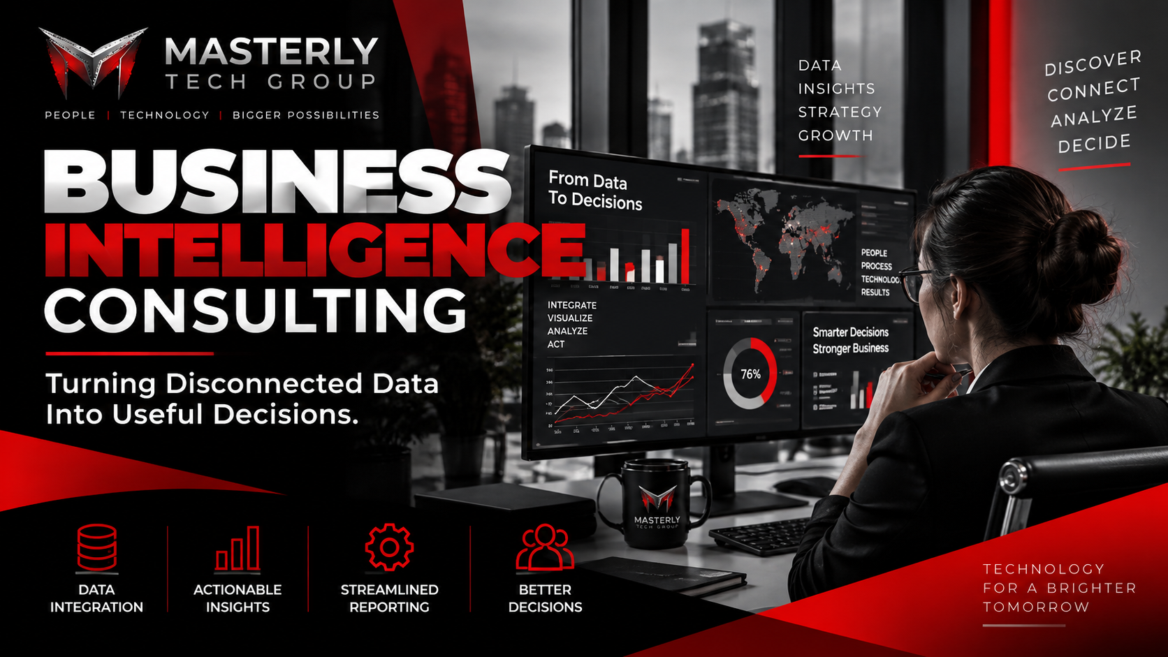 Business intelligence consulting with dashboards, integrated data, reporting, and decision support.