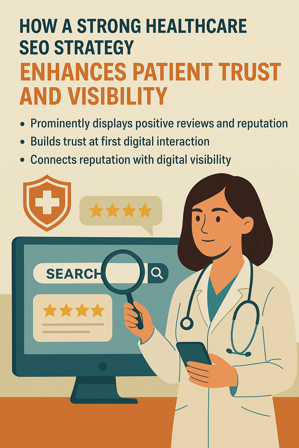 An illustrated infographic showing a female doctor in a white coat holding a magnifying glass and smartphone, standing in front of a computer screen displaying a search bar and a five-star review. The headline emphasizes how a strong healthcare SEO strategy enhances patient trust and visibility, with bullet points highlighting key benefits like prominently displaying positive reviews, building trust at the first digital interaction, and connecting reputation with digital visibility. The design uses soft teal, orange, and beige tones for a clean, professional look.