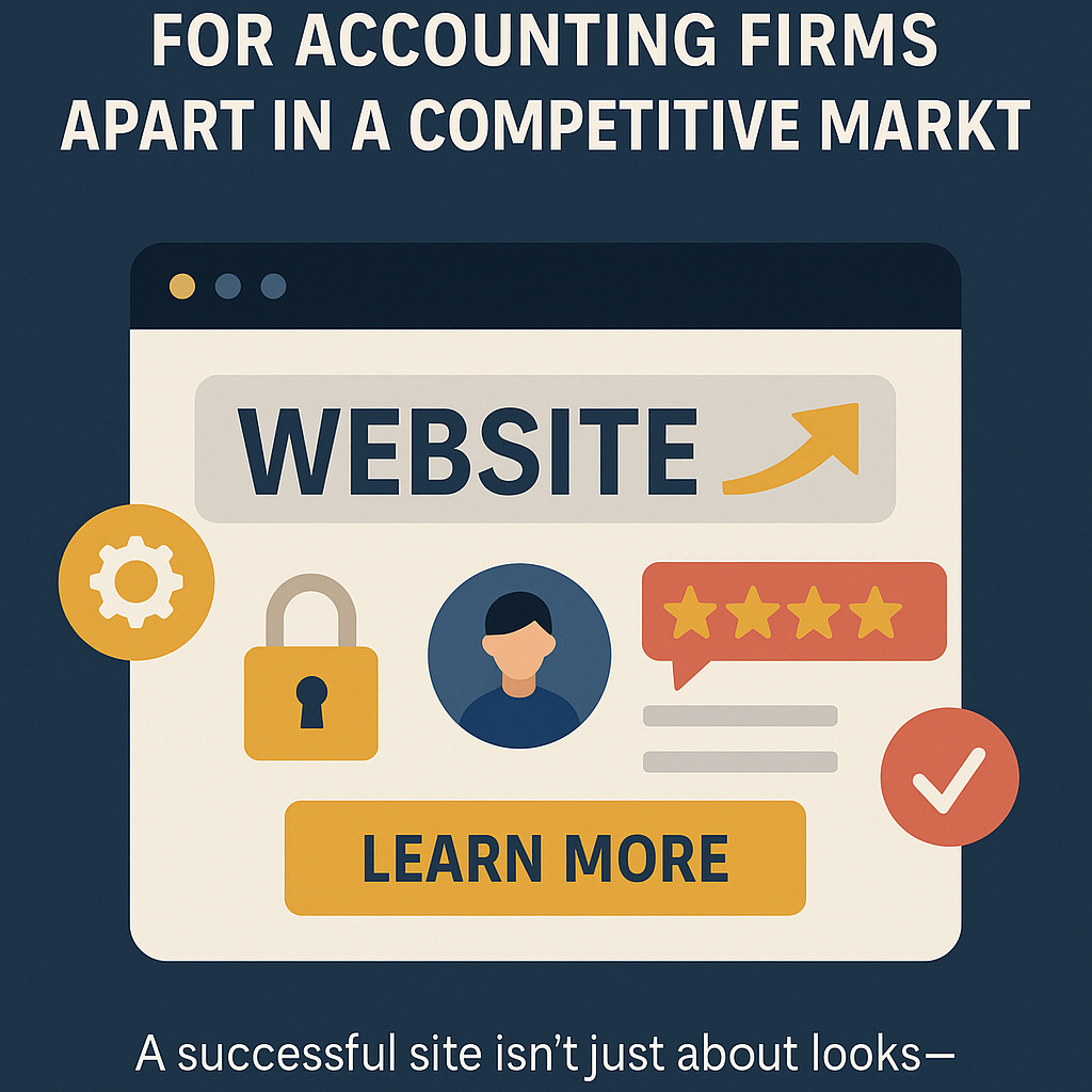 Illustration featuring a bold headline at the top reading “For Accounting Firms Apart in a Competitive Market,” with a stylized web browser window below showcasing the word “WEBSITE” and an upward arrow. The design includes icons representing trust and functionality: a gear, padlock, user avatar, star ratings, and a red checkmark. A prominent yellow “LEARN MORE” button emphasizes the call to action. The image underscores the importance of effective website design for accounting firms to build trust, improve user experience, and drive conversions.