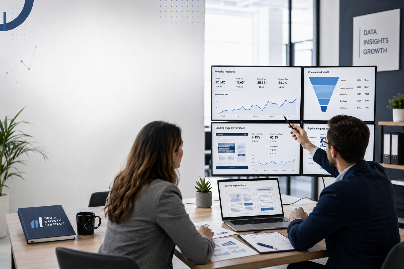 Digital marketing strategist reviewing conversion rate optimization services and website conversion performance with a professional business client.