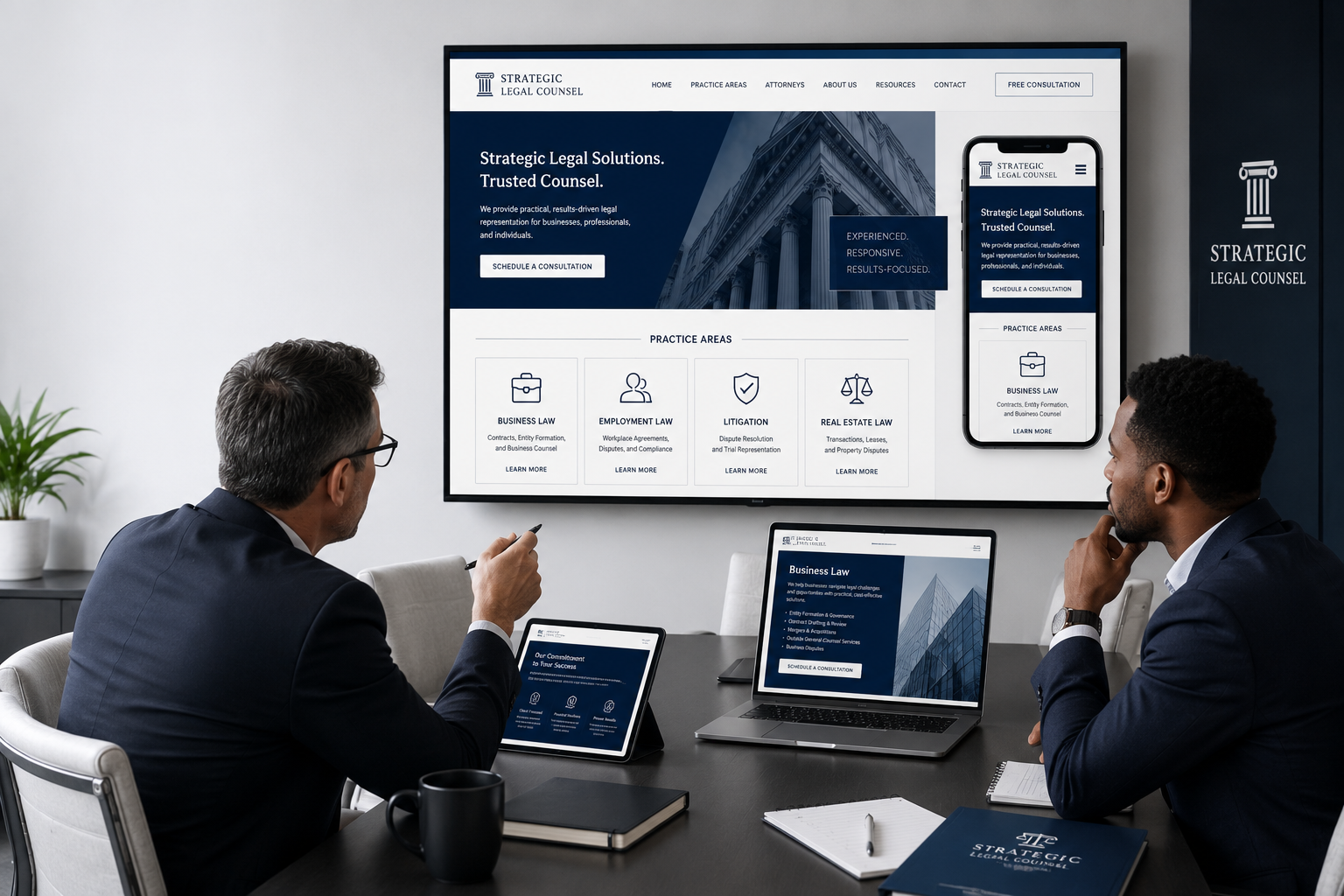 Attorney and digital marketing strategist reviewing a professional law firm website design with practice area pages and client-focused website layout.