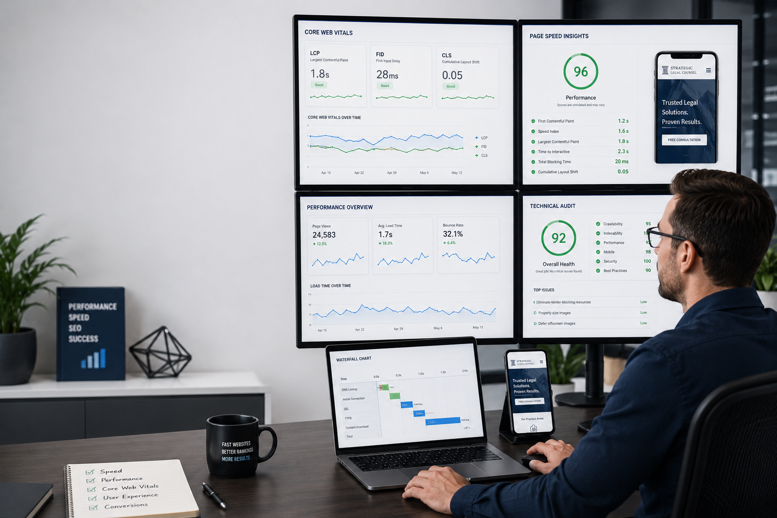Website performance specialist reviewing website speed optimization services, Core Web Vitals, and page speed improvement reports for a business website.