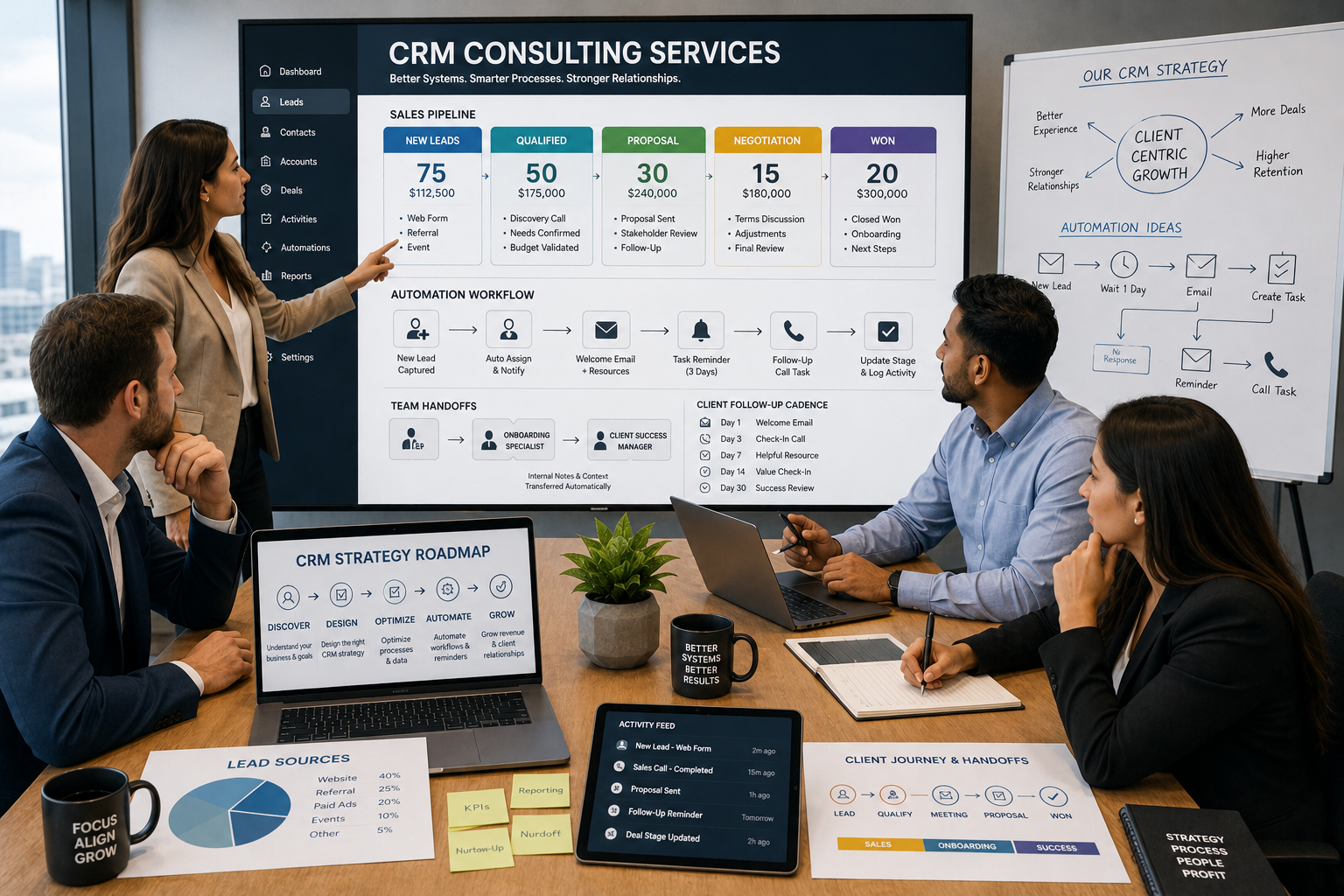 Business team mapping leads, stages, automations, handoffs, and client follow-up inside a CRM CRM consulting services