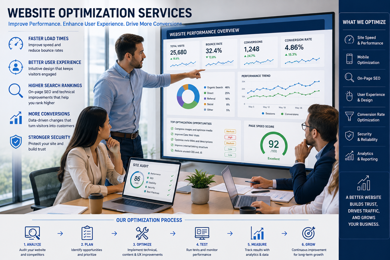 Business team reviewing website, workflow, analytics, or digital-system decisions on screen website optimization services