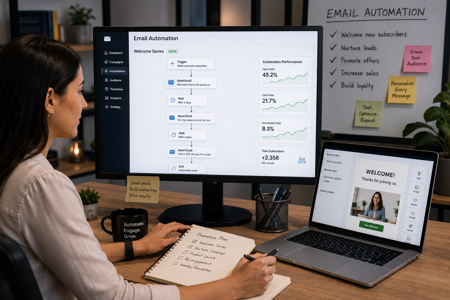 Professional email automation workspace with a marketer creating automated email workflows, welcome sequences, personalized campaigns, and tracking engagement and conversion performance.