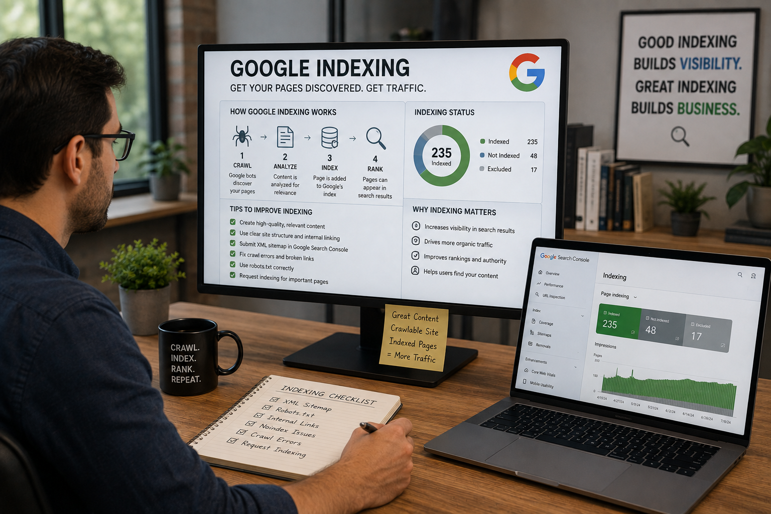Google indexing review identifying crawlability, canonical tags, sitemap, and website