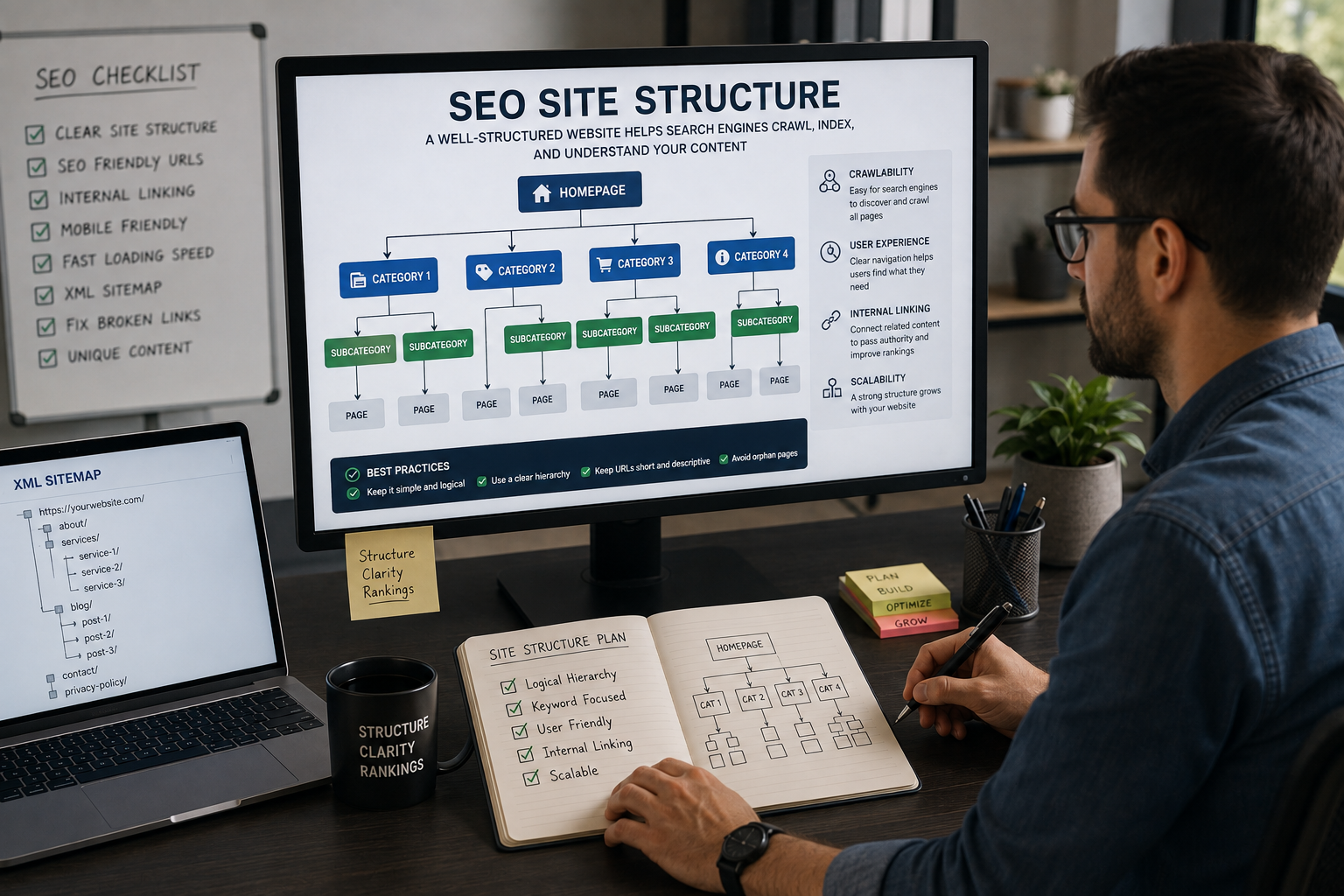 SEO site structure showing website architecture, service hubs, navigation structure, and organized service pages