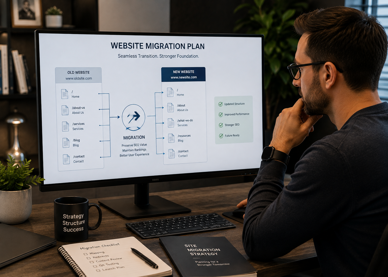 Technical SEO specialist reviewing a 301 redirect and website URL migration to protect traffic and existing links.
