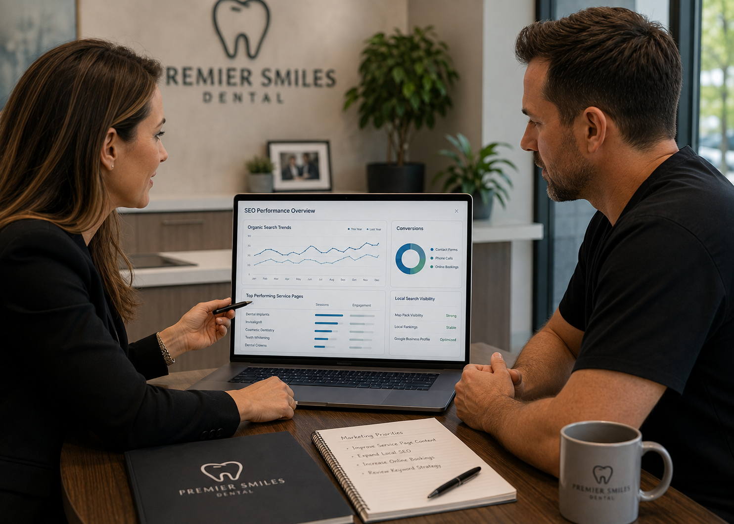 SEO reporting meeting with business professionals reviewing organic search trends, landing-page performance, keyword visibility, and conversions on a digital dashboard.