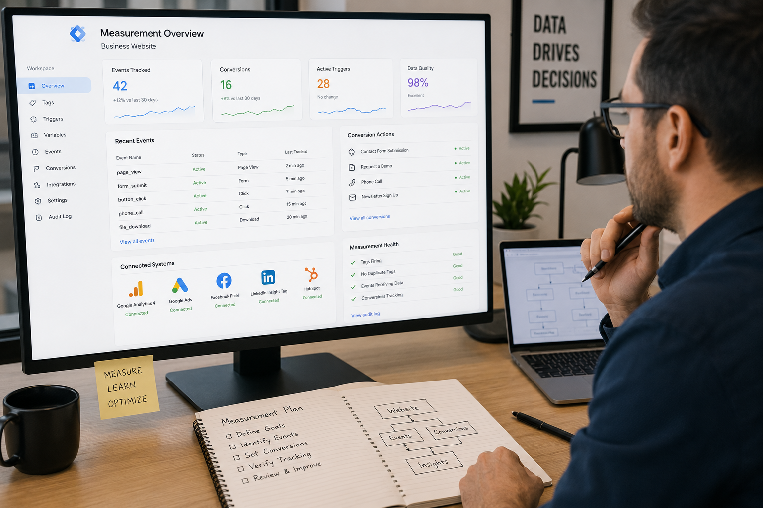 Google Tag Manager dashboard organizing website tracking, marketing tags, analytics events, and conversion events.