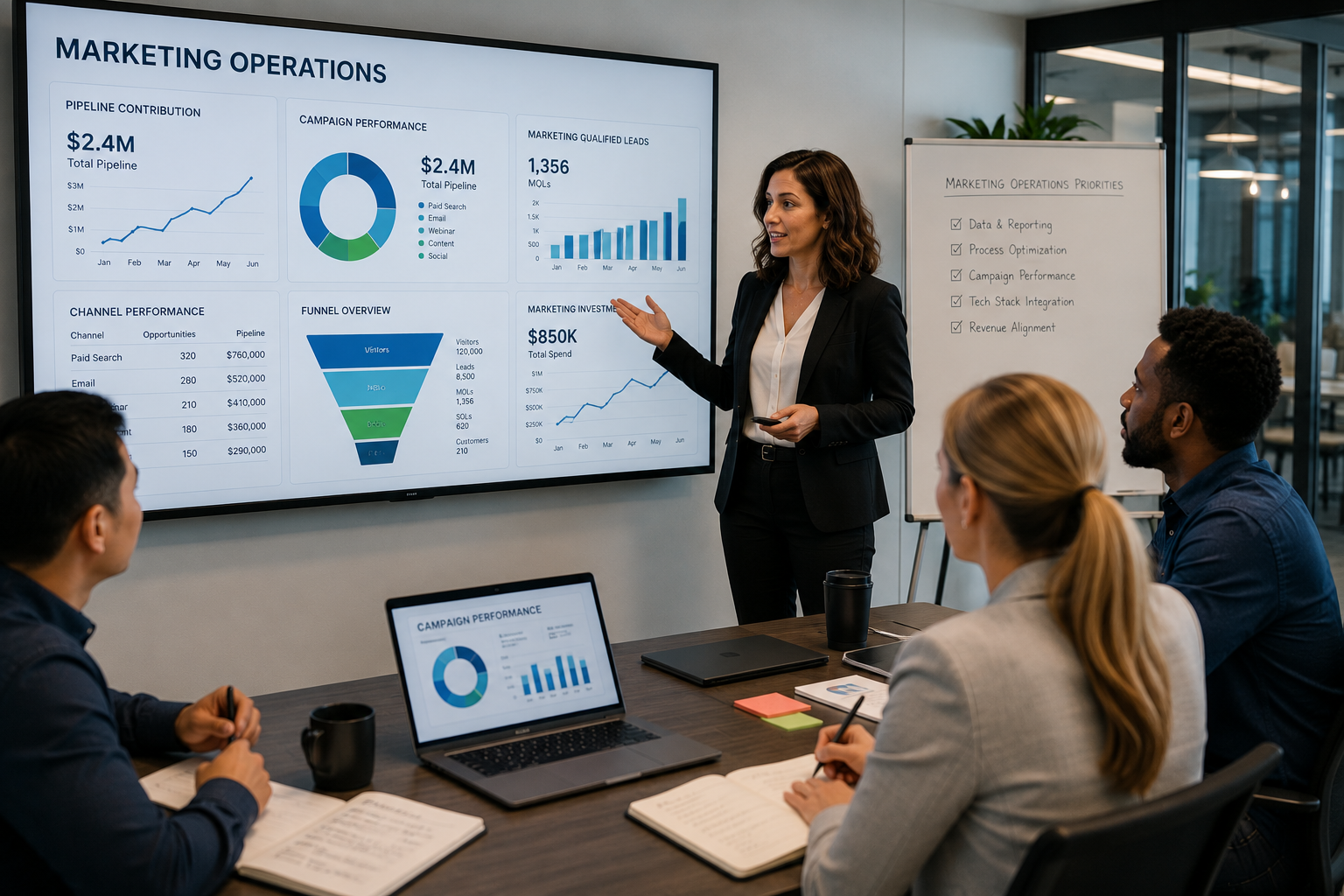 Professional marketing team reviewing marketing operations dashboards, campaign performance, lead generation, reporting, and revenue alignment.