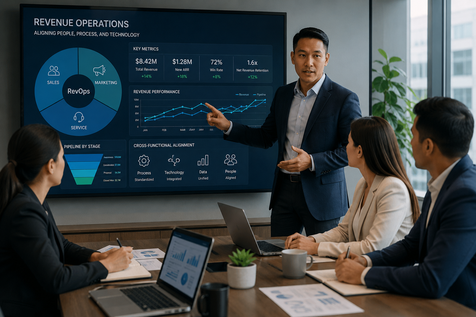 Professional business meeting focused on revenue operations, with a diverse team reviewing sales, marketing, and service performance metrics on a large RevOps dashboard.