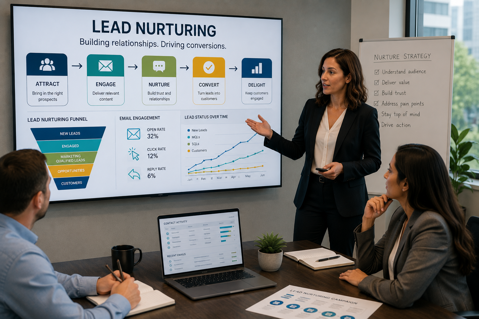 Professional marketing team reviewing a lead nurturing strategy, sales funnel, email engagement, lead status, and conversion performance.