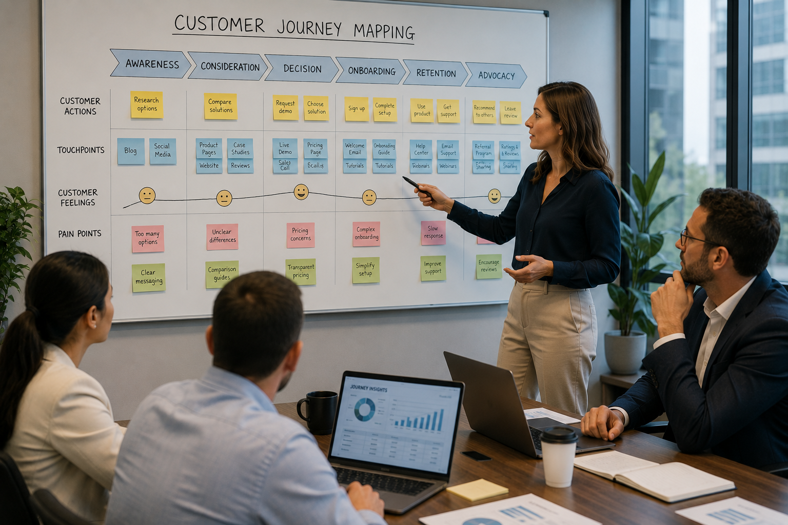 Professional team reviewing customer journey mapping stages, customer touchpoints, pain points, emotions, and opportunities across the client experience.