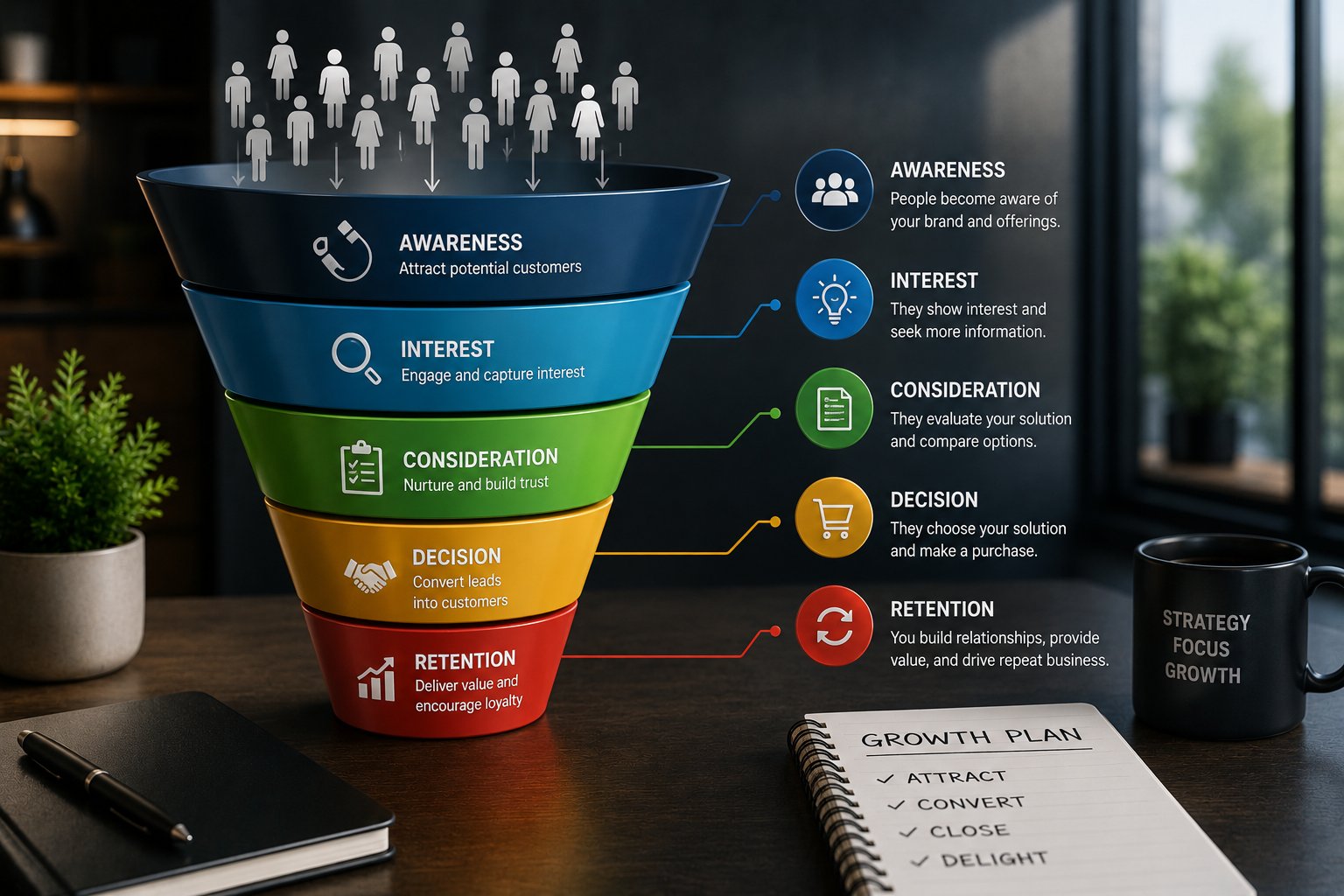 Premium, realistic sales funnel visual showing prospects moving through awareness, interest, consideration, decision, and retention stages.
