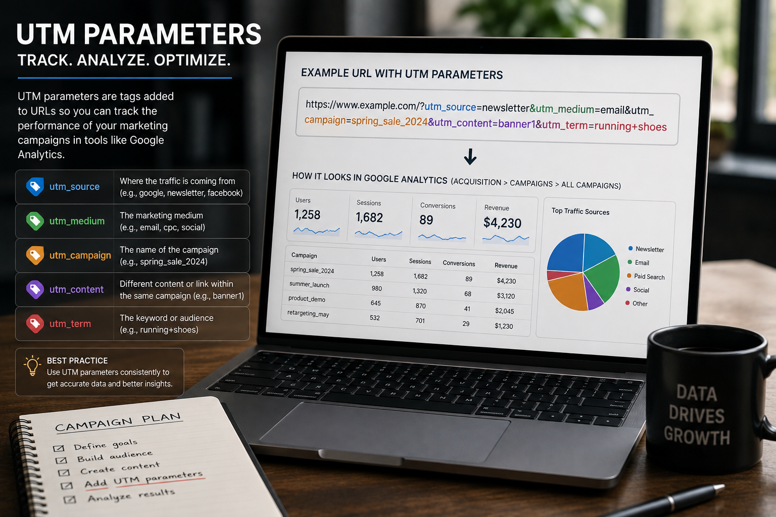 Premium, realistic UTM parameters visual showing campaign tracking tags, traffic sources, analytics data, and marketing performance metrics.