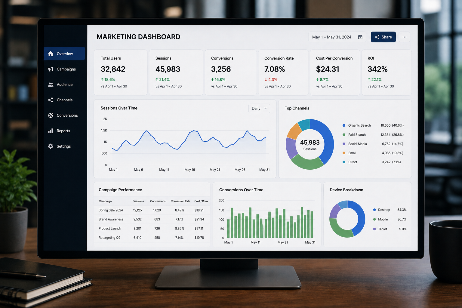 Premium, realistic marketing dashboard showing campaign performance, conversions, traffic channels, ROI, and key marketing metrics.