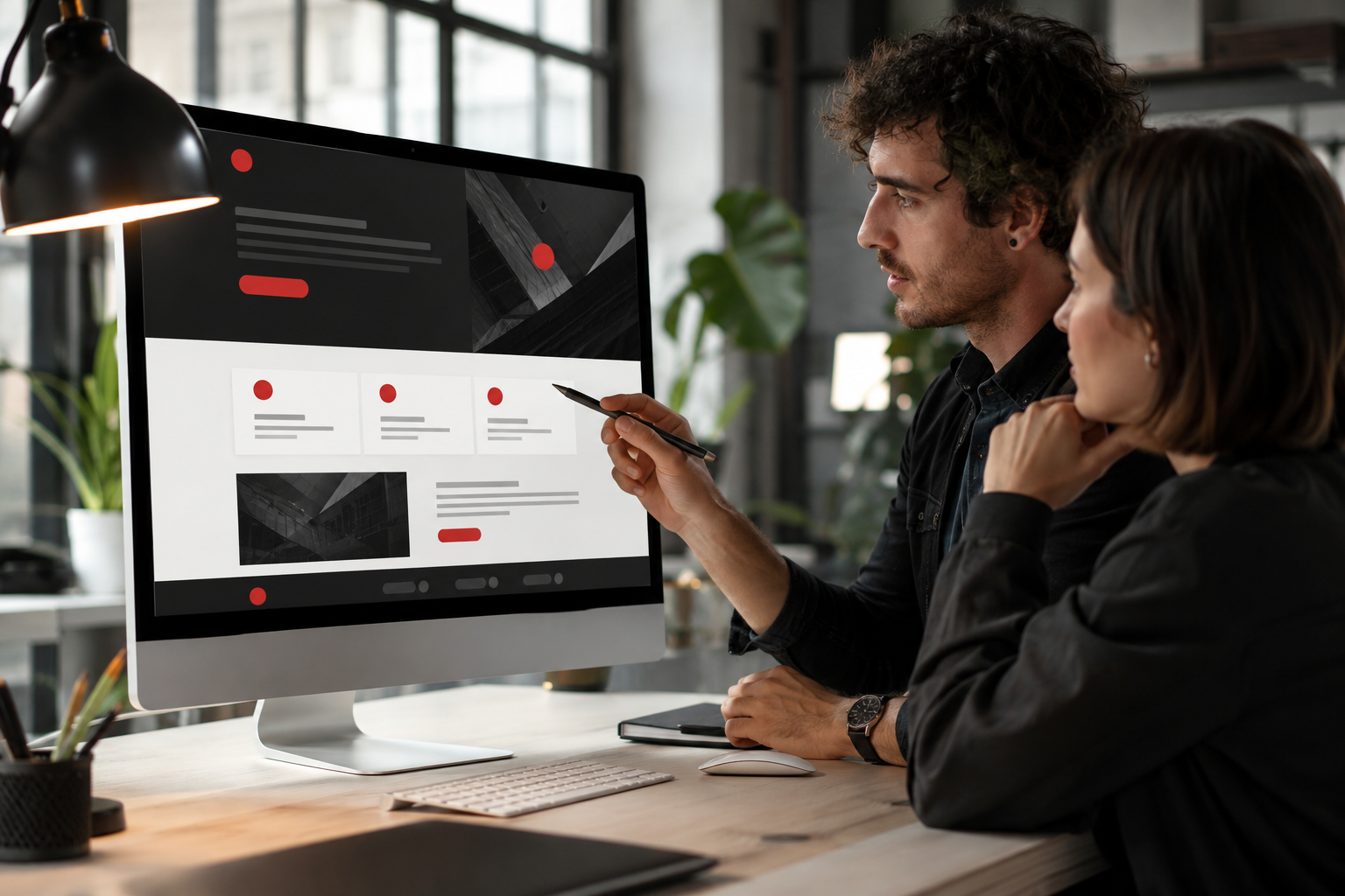 Web design professionals reviewing a conversion-focused landing page design with clear content sections and calls to action.