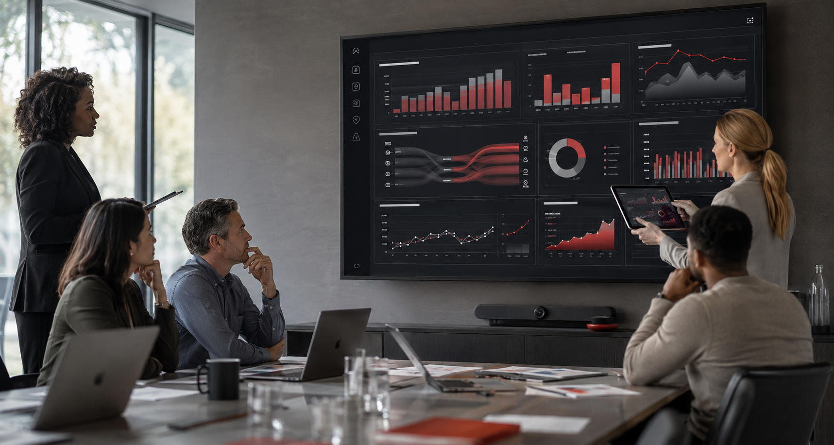 Marketing professionals reviewing analytics for campaign performance, customer journeys, conversions, attribution, and revenue.