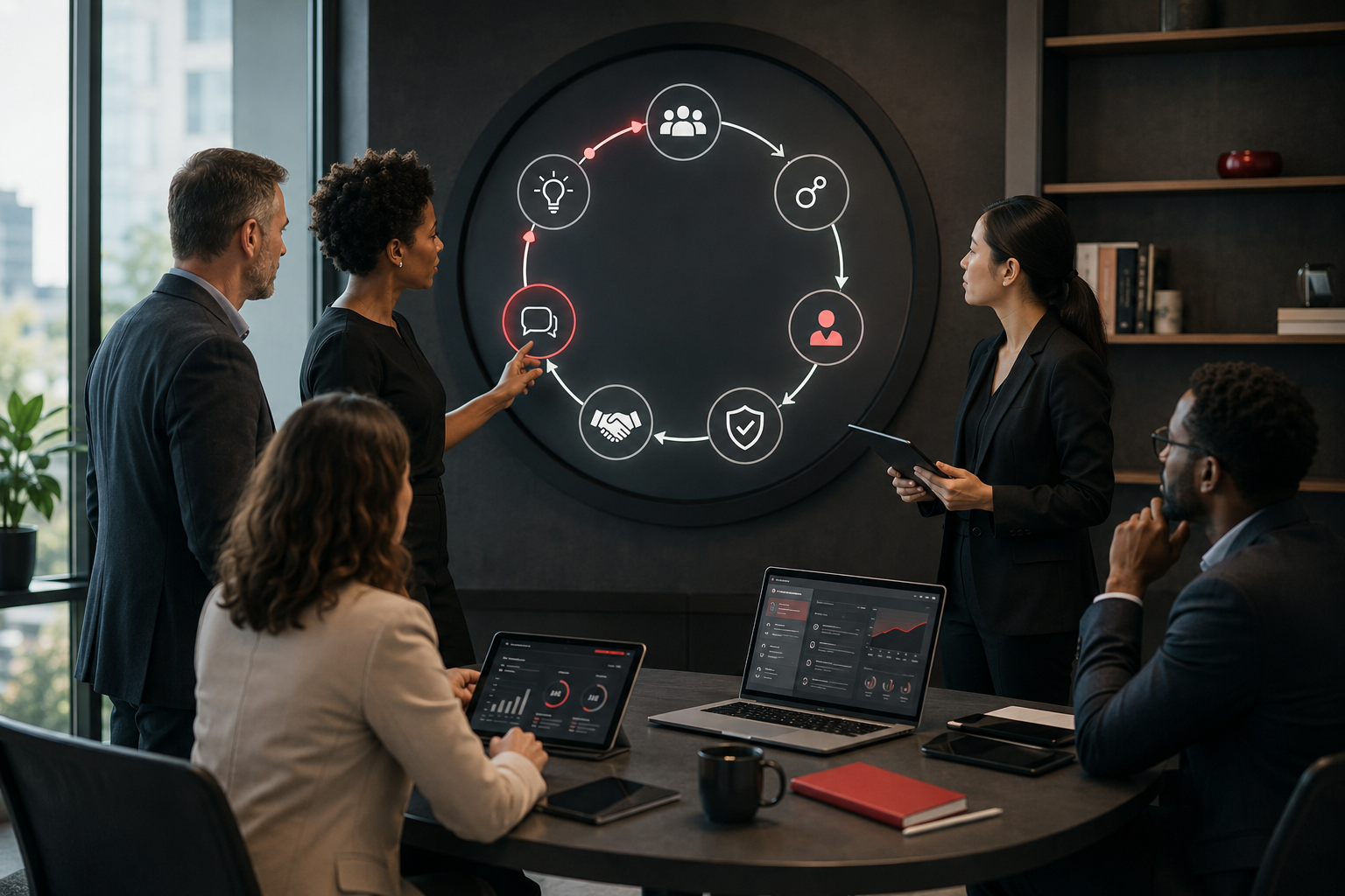 Business team reviewing customer lifecycle stages from acquisition and onboarding through service, retention, and referral.