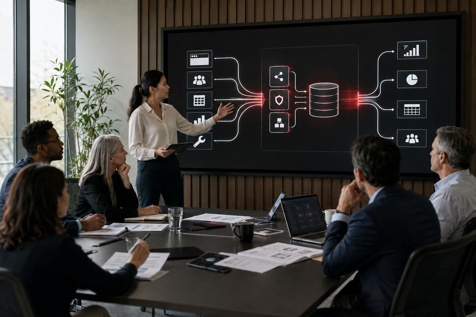 Business leaders reviewing a data strategy that connects multiple systems through governance, integration, reporting, and decision support.