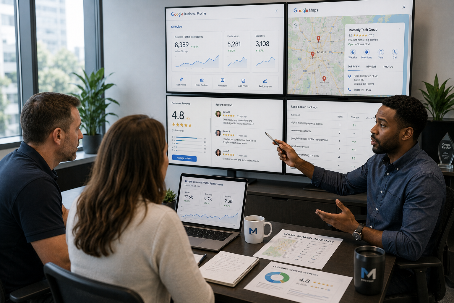 Digital marketing strategist reviewing Google Business Profile optimization with a business owner.