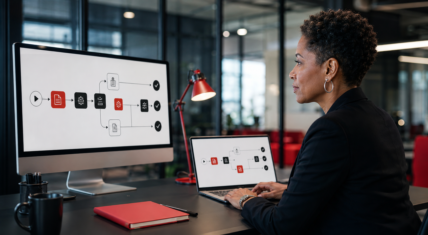 Operations professional reviewing a process automation workflow that connects tasks, approvals, and business systems.