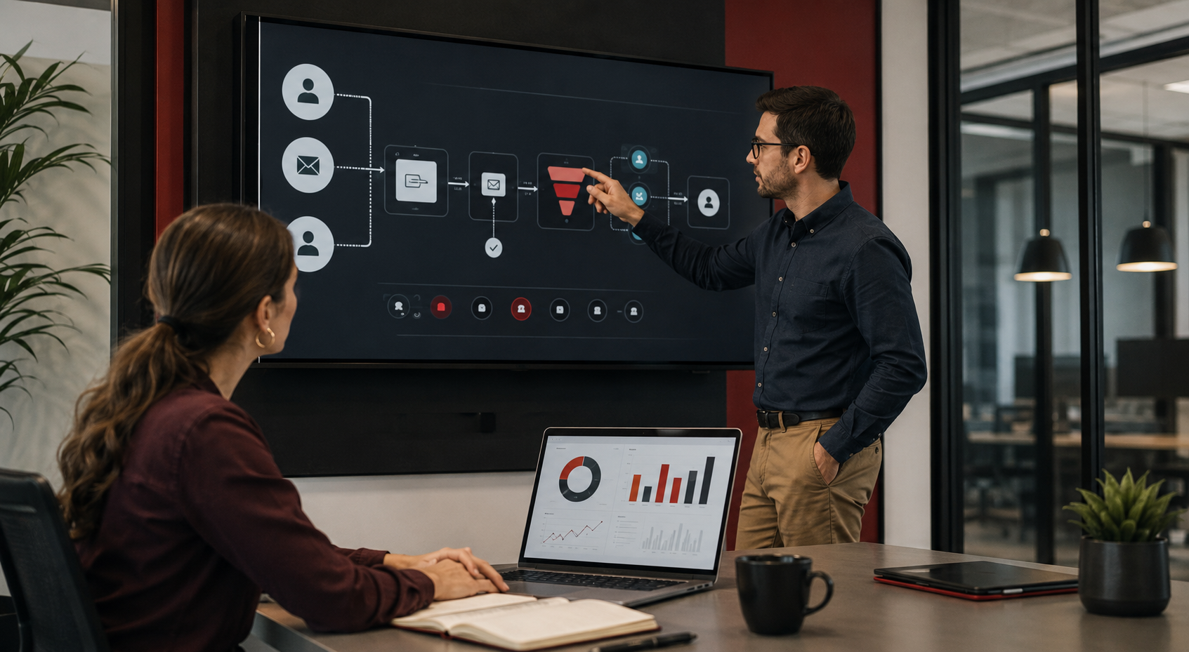 B2B marketing professionals reviewing automated lead nurturing, campaign performance, and sales handoff workflows.