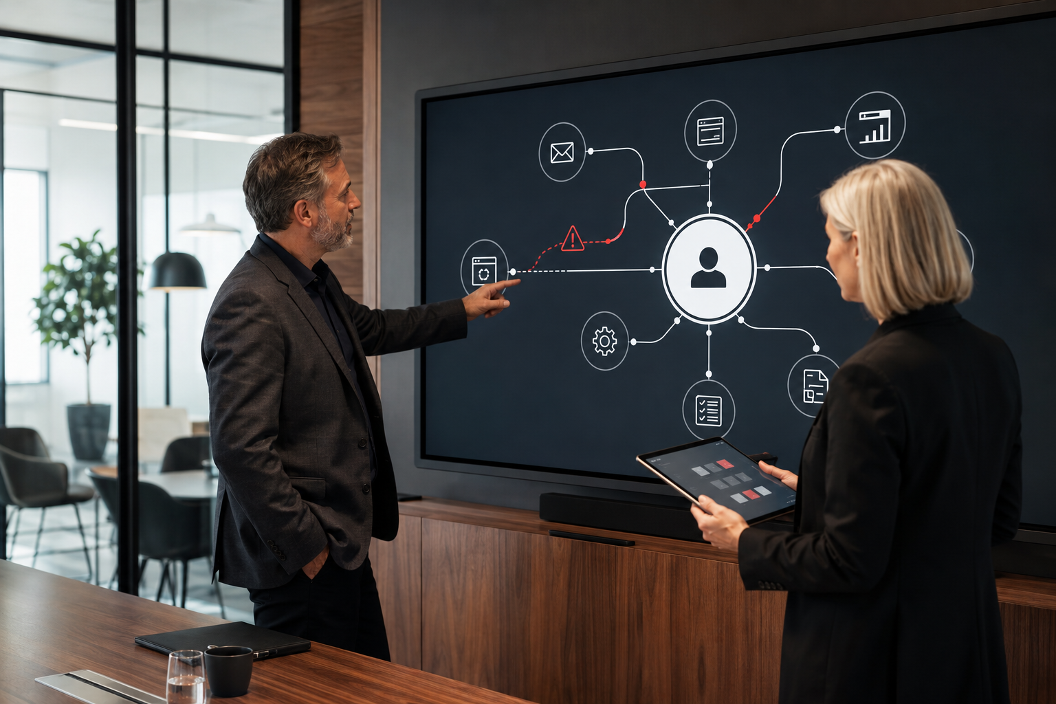 Marketing technology professionals reviewing connected CRM, email, automation, website, and analytics systems.