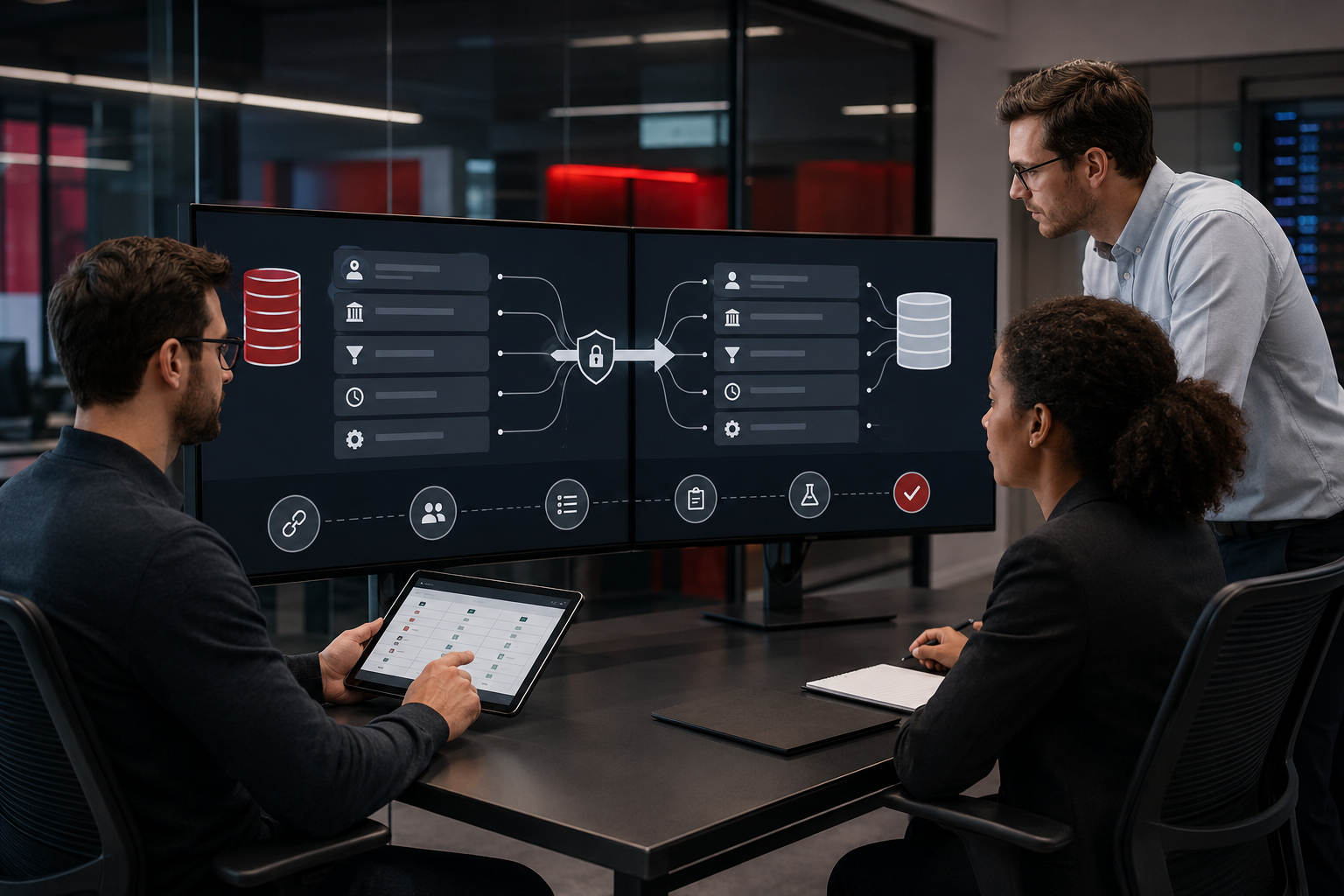 CRM professionals reviewing secure customer data migration, field mapping, testing, and validation between business systems.