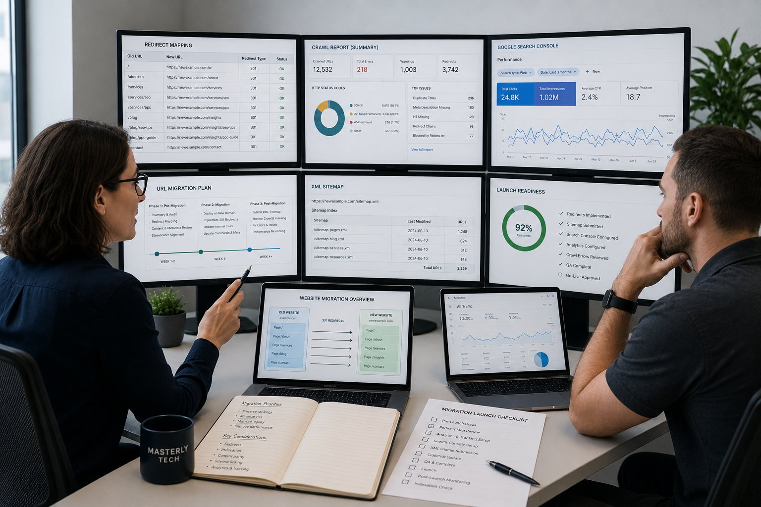 Technical SEO specialist reviewing redirect mapping, website migration reports, and search performance before a website launch.