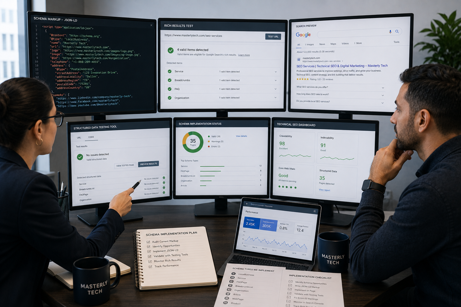 Technical SEO specialist reviewing schema markup, structured data implementation, and rich results validation for a business website.