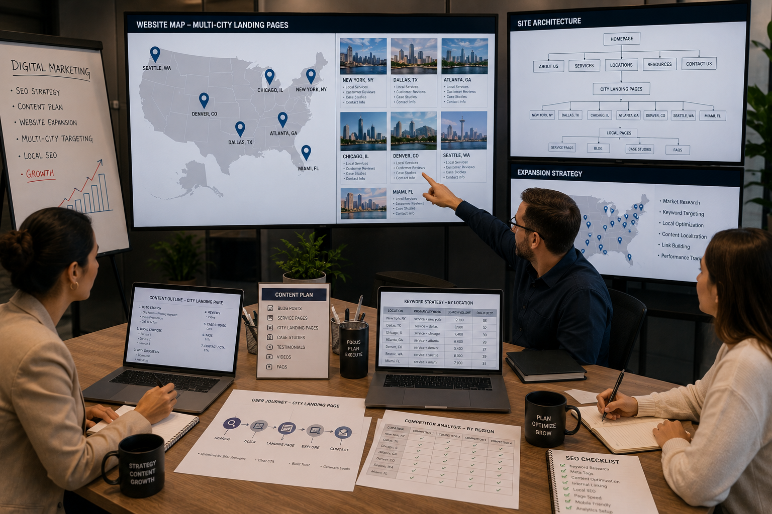 Local landing page SEO planning with city service pages, website architecture, and multi-location SEO strategy for a growing business.