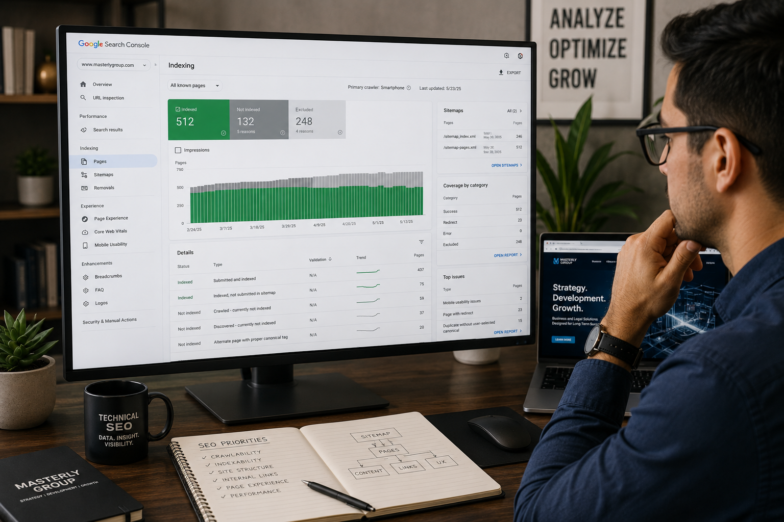 Technical SEO specialist reviewing Google Search Console indexing issues, excluded pages, sitemap errors, and canonical signals for a business website.