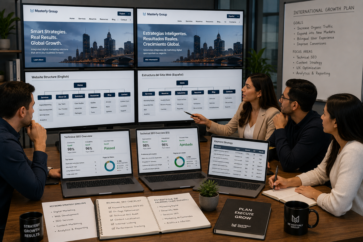 Masterly Tech team planning multilingual SEO services for English and Spanish website pages, including hreflang, keyword research, and bilingual content.