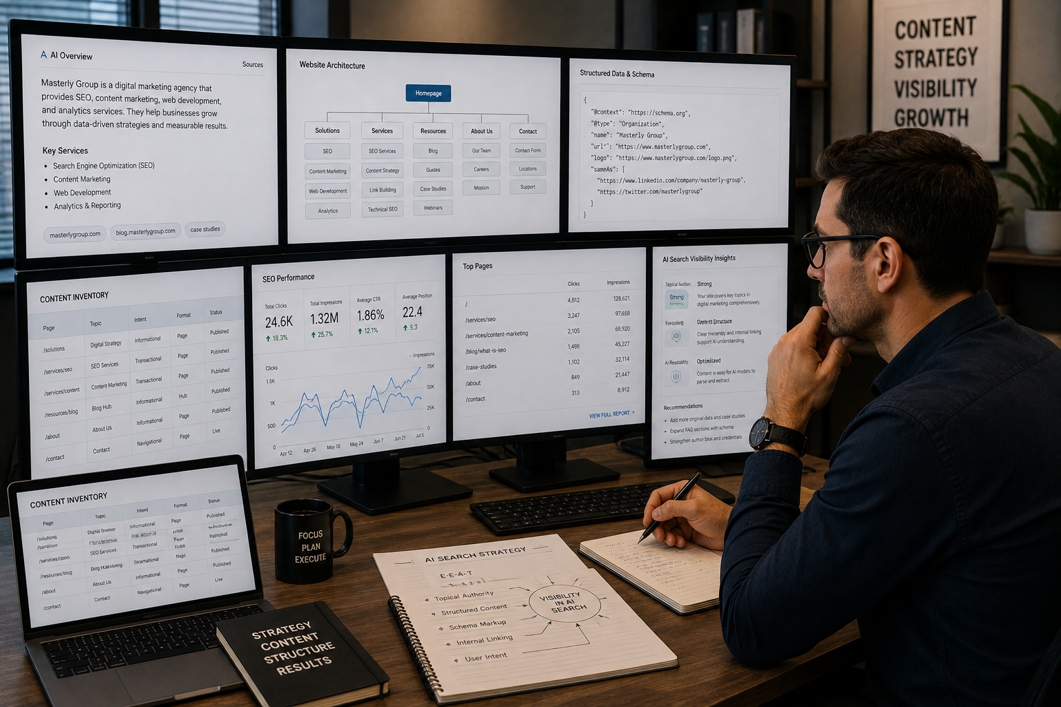 Digital marketing specialist reviewing AI search optimization services, structured content, AI overview optimization, and website visibility for a professional business.