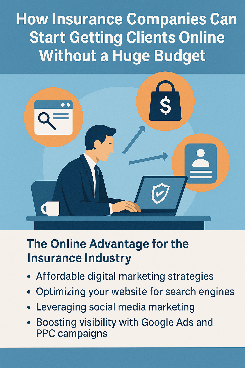 A flat-style digital infographic titled “How Insurance Companies Can Start Getting Clients Online Without a Huge Budget” shows a male insurance agent in a suit working at a desk on a laptop with a shield icon on the screen. Surrounding him are three orange circular icons representing search engines (magnifying glass and web page), online sales (shopping bag with dollar sign), and client profiles (user icon and text). Below, a section labeled “The Online Advantage for the Insurance Industry” lists four bullet points: affordable digital marketing strategies, optimizing your website for search engines, leveraging social media marketing, and boosting visibility with Google Ads and PPC campaigns.
Ask ChatGPT
