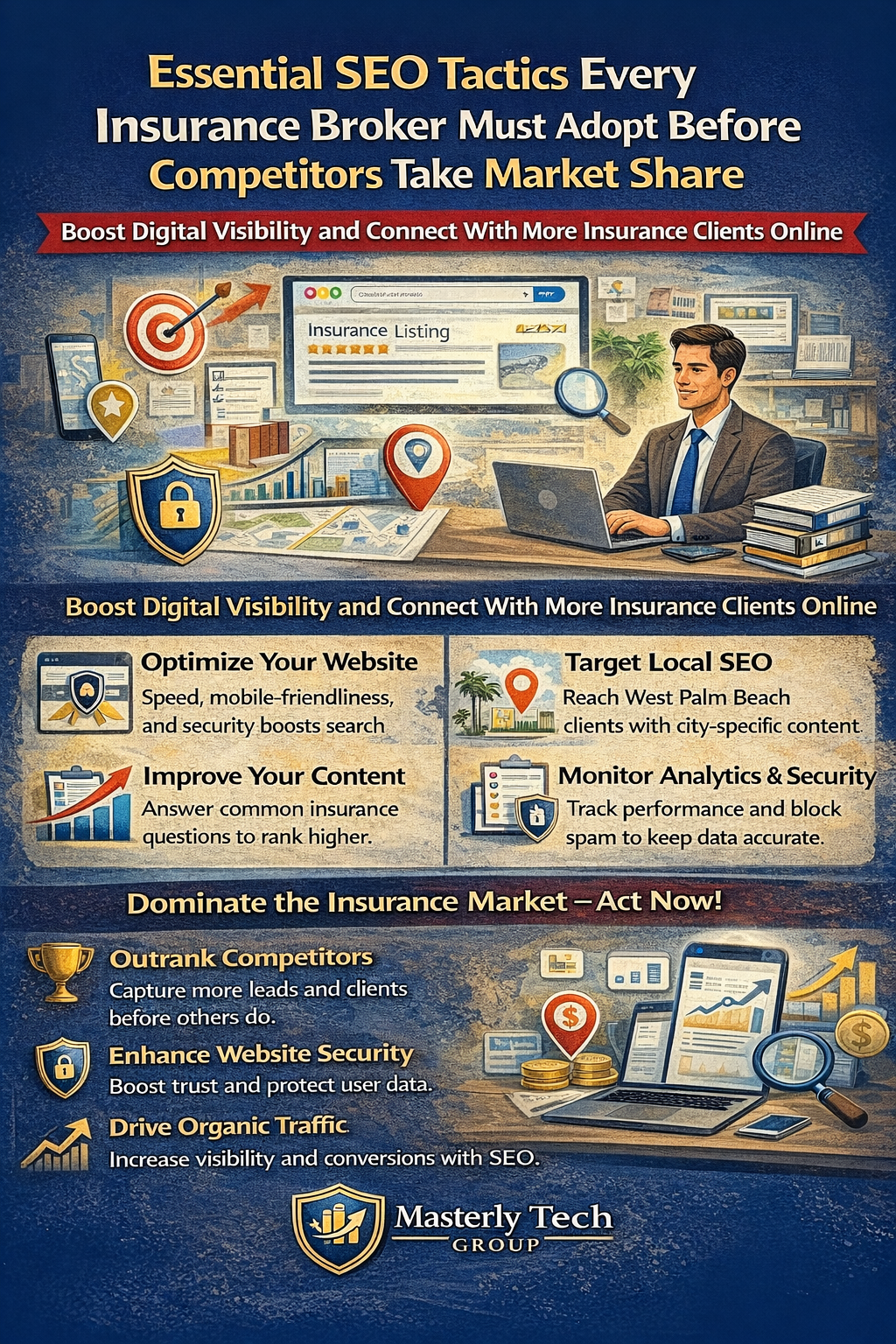 Essential SEO Tactics Every Insurance Broker Must Adopt Before Competitors Take Market Share.” The graphic shows a professional insurance broker working on a laptop with charts, a target icon, a magnifying glass, and a shield symbolizing security and SEO strategy. A section labeled “Boost Digital Visibility and Connect With More Insurance Clients Online” highlights optimizing website speed and mobile friendliness, improving content, targeting local SEO in West Palm Beach, and monitoring analytics and security. The bottom section encourages brokers to outrank competitors, enhance website security, and drive organic traffic. Masterly Tech Group branding appears at the bottom.