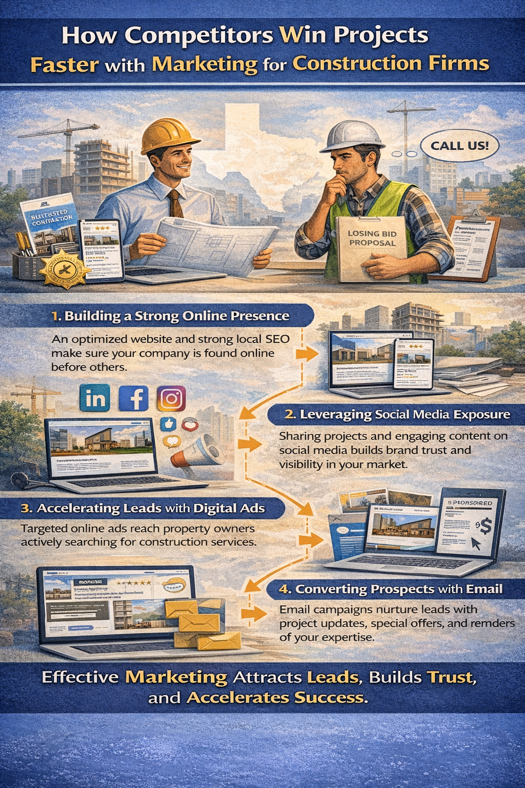How Competitors Win Projects Faster with Marketing for Construction Firms.” The graphic compares two construction company owners: one confidently reviewing blueprints with a strong online presence and marketing materials, and another holding a “losing bid proposal” folder, appearing concerned. The infographic outlines four strategies: (1) Building a strong online presence with an optimized website and local SEO; (2) Leveraging social media exposure by sharing projects and engaging content; (3) Accelerating leads with targeted digital advertising; and (4) Converting prospects with email campaigns. Visual elements include construction cranes, laptops displaying websites, social media icons, online ads, email envelopes, and marketing documents, emphasizing that effective marketing attracts leads, builds trust, and accelerates business growth.